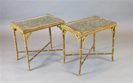 A pair of 20th century lacquered gilt faux bamboo occasional tables, W.1ft 10in. D.1ft 3in. H.1ft 9in.